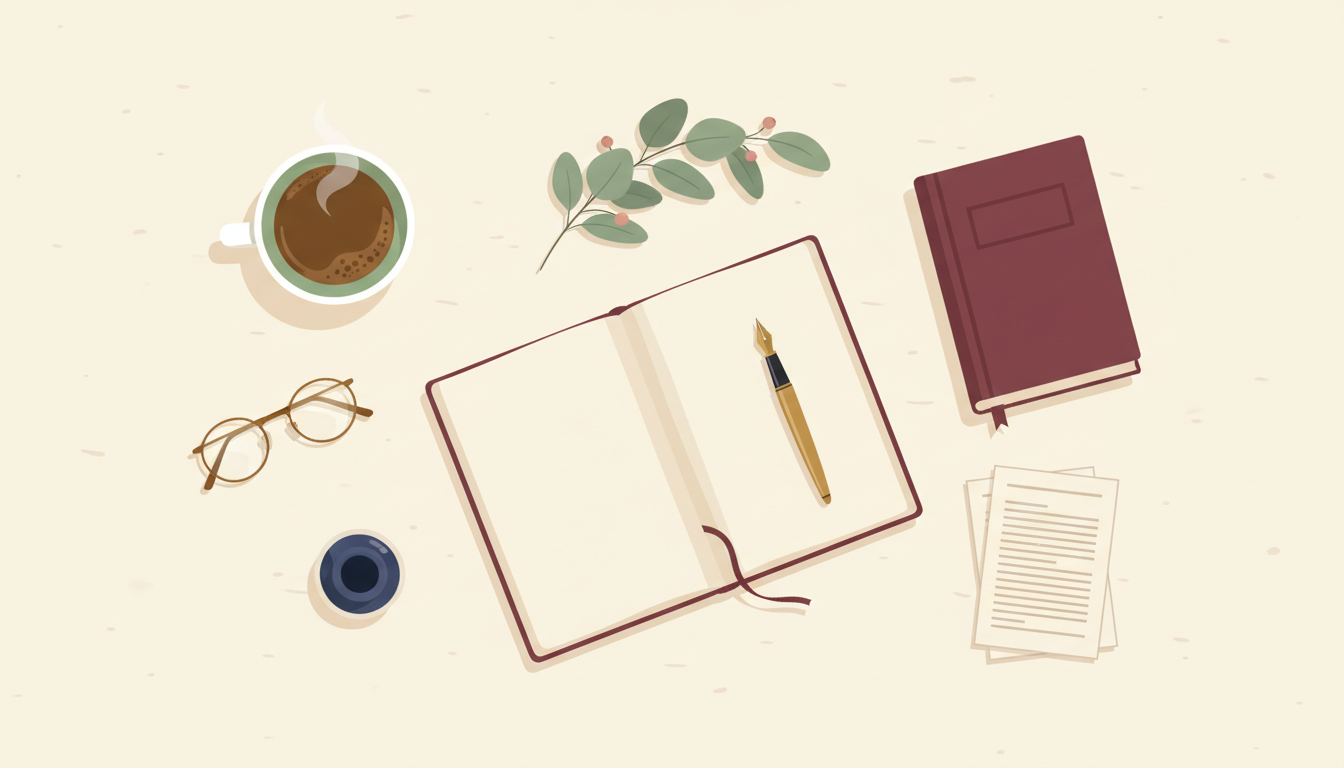 A book-making studio: open manuscript, fountain pen, and a burgundy hardcover